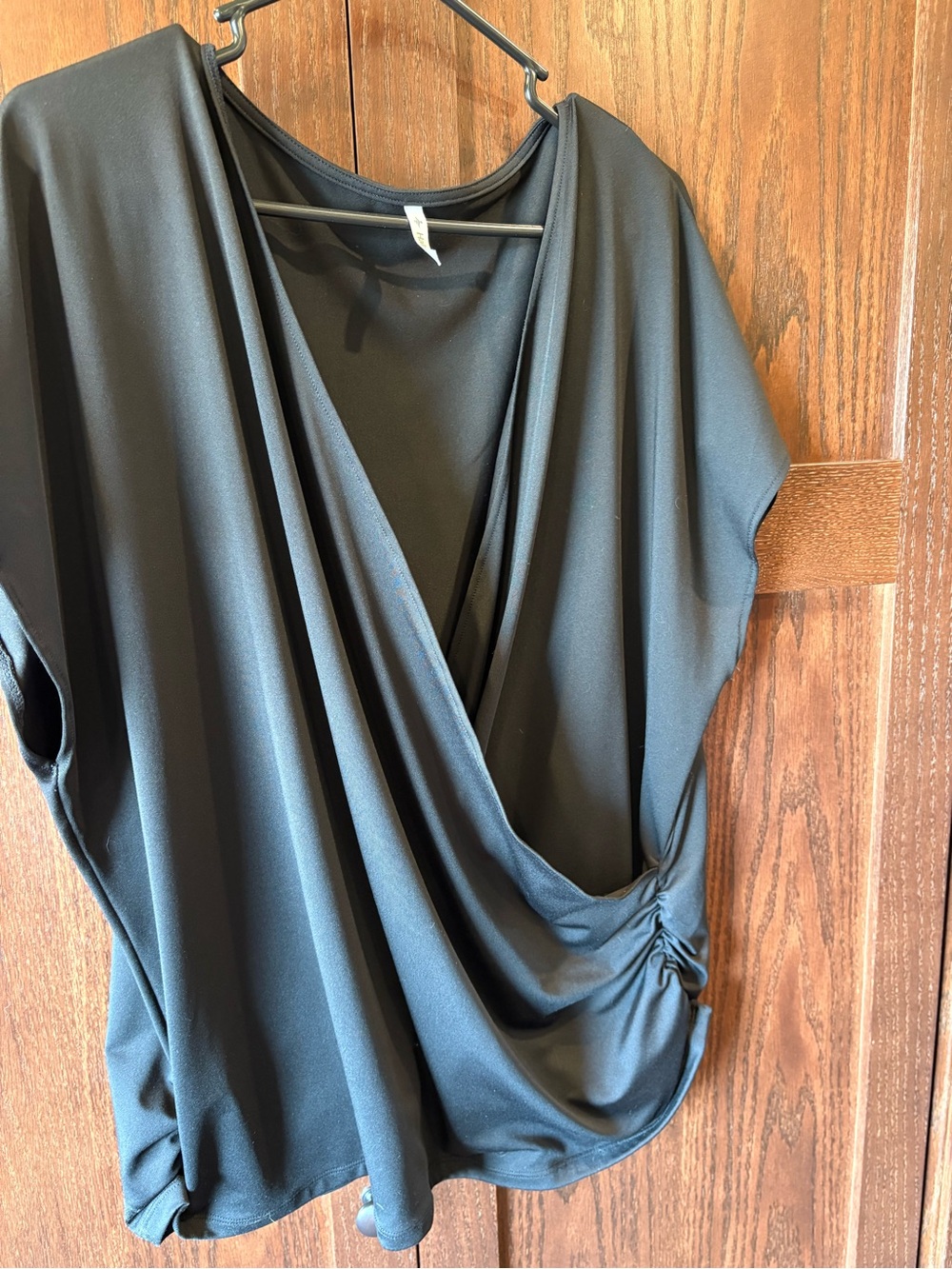 HALARA Black Draped Faux-Wrap Blouse with Side Ruching
